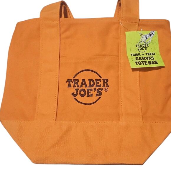 Trader Joes Mini Halloween Canvas Tote Bag 2 Piece Set ORANGE AND BLACK NWT - Picture 5 of 6